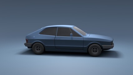Cool looking old fashion car, side view studio render on blue background. Modern car design. 3d illustration.