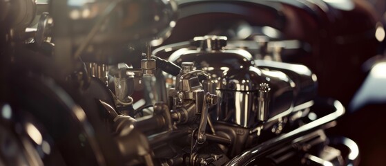 Fototapeta premium Close-up of polished, intricate engine components gleaming under light, showcasing the engineering marvel of classic machinery.