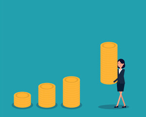 Investor holding high stack of money coins to put as growth compound graph