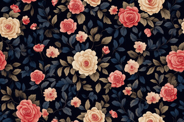 Seamless vintage floral pattern with delicate roses and dark background