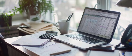 Sunlight filters through the window onto a cozy workspace with a laptop displaying spreadsheets, surrounded by papers, a calculator, and a warm coffee mug.