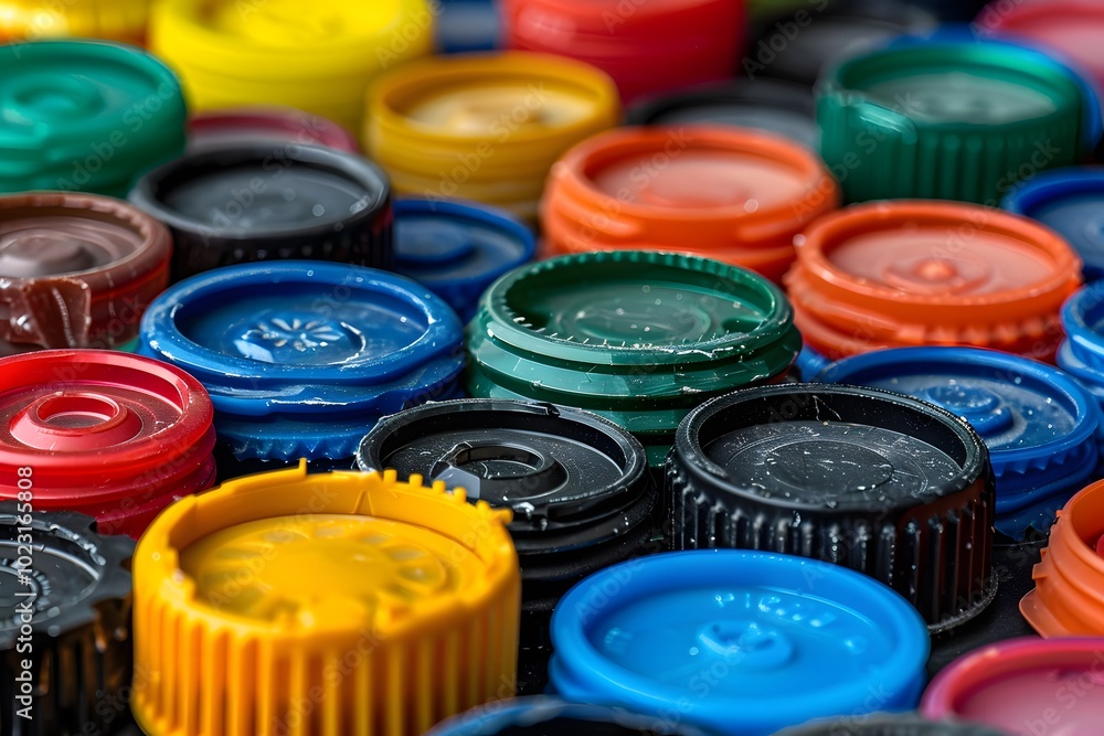 Poster a colorful collection of bottle caps in various shapes and sizes
