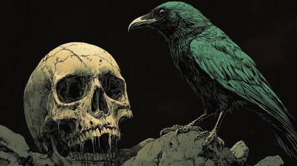 Fototapeta premium Grim 1980s Pulp Horror Art with Ragged Moldering Zombie Crow Perched on Human Skull, Green on Black Illustration, Evoking Eerie Atmosphere and Decay in Vintage Horror Style.