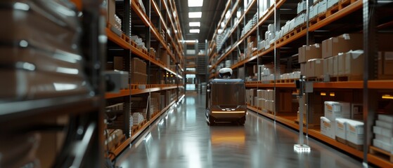A bustling warehouse aisle lined with shelves packed with boxes and a robotic vehicle navigating the floor, showcasing modern logistics technology.