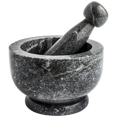 Gray granite mortar and pestle isolated on a transparent background.