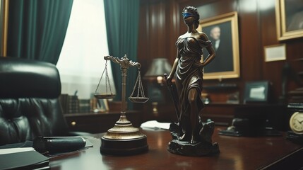Law and justice concept. War crimes. Gavel and Themis sculpture in court.