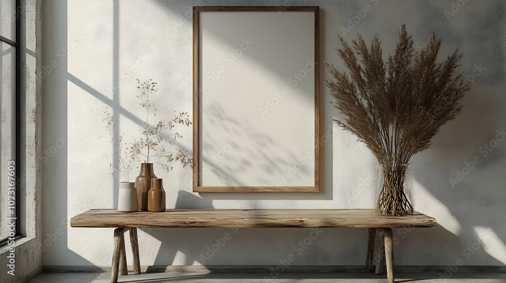 Wall mural Minimalist interior with a wooden bench, vase, and blank frame.