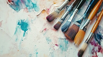 Obraz premium A beautiful watercolor set with paintbrushes laid out on a white surface, inviting creativity with plenty of room for text or designs.