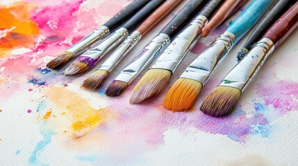 Obraz premium A beautiful watercolor set with paintbrushes laid out on a white surface, inviting creativity with plenty of room for text or designs.