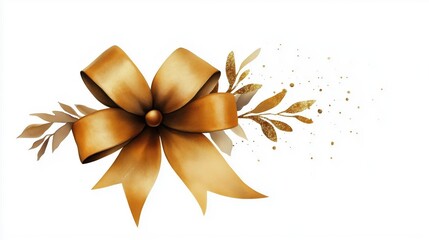 Elegant golden floral with ribbon bow for holiday or gift  Shiny metallic petals and leaves create a dreamy romantic and festive design perfect for Christmas winter or other special occasions