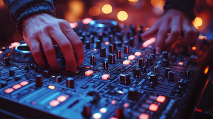 Naklejka premium A DJ mixes music on a turntable console while performing a live set at a night club. A Disc Jockey hands a sound mixer station at a club party.