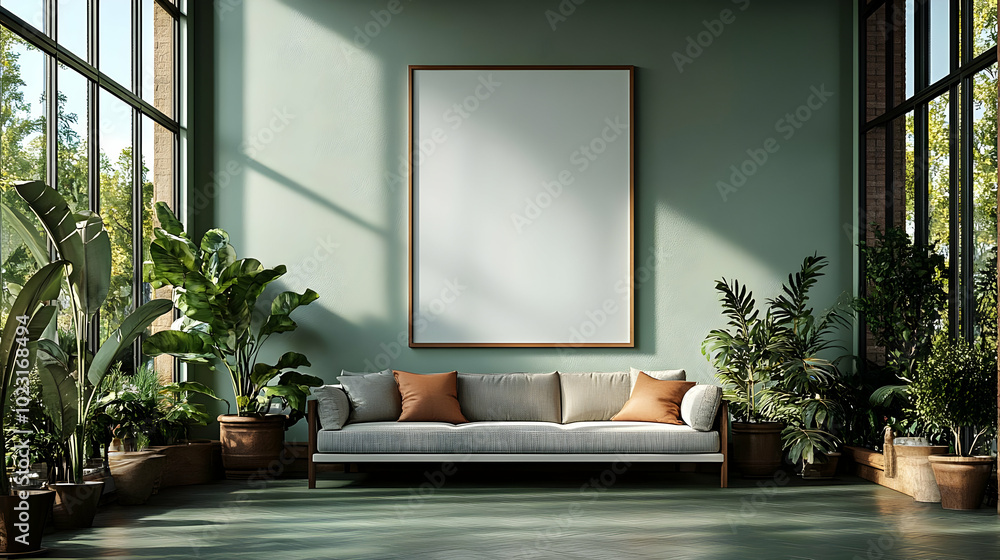 Canvas Prints Modern living room with plants and a blank canvas for artwork.