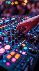 A DJ mixes music on a turntable console while performing a live set at a night club. A Disc Jockey...