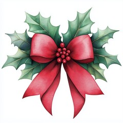 Festive red bow with green holly leaves and red berries forming a decorative Christmas wreath or garland