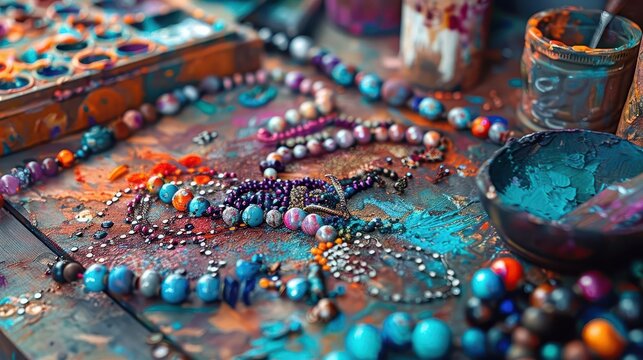 Handmade Jewelry Making Class, vibrant colors, closeup, creative process, photography