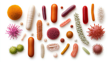 A diverse arrangement of various microorganisms on a white isolated background, showcasing their unique shapes and colors, representing the complexity of microbial life.