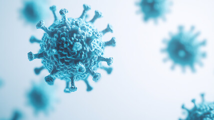 Close-up of a microscopic virus in blue tones, depicting its structure and features, ideal for educational and health-related materials, on a white isolate background.