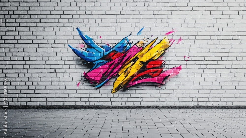 Fototapete A captivating title graffiti design on a white brick wall, featuring a colorful burst of creativity while leaving space for additional content.
