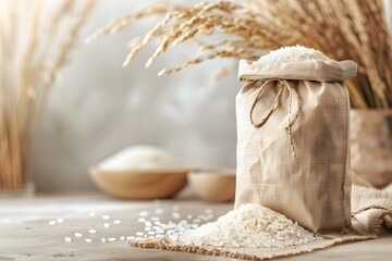 Rustic Rice Bag with Spilled Grains and Natural Decor
