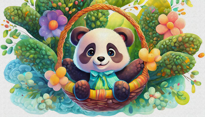 Naklejka premium oil painting style CARTOON CHARACTER illustration CUTE panda , basking in the sunshine as they swing in a lush,