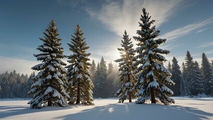 Naklejka premium Snow-Covered Pine Trees in a Serene Winter Wonderland: Tranquil Landscape with Mist and Blue Sky
