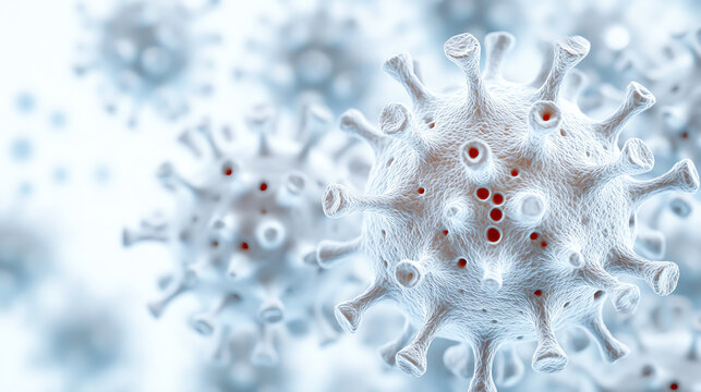 Microscopic view of a virus structure with intricate details and textures against a blurred background, showcasing its unique characteristics.