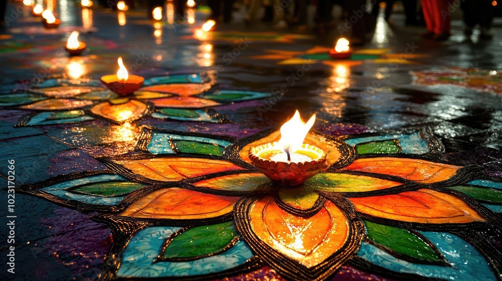 Poster colorful diwali lights illuminate a beautifully designed rangoli on a wet surface, creating an encha