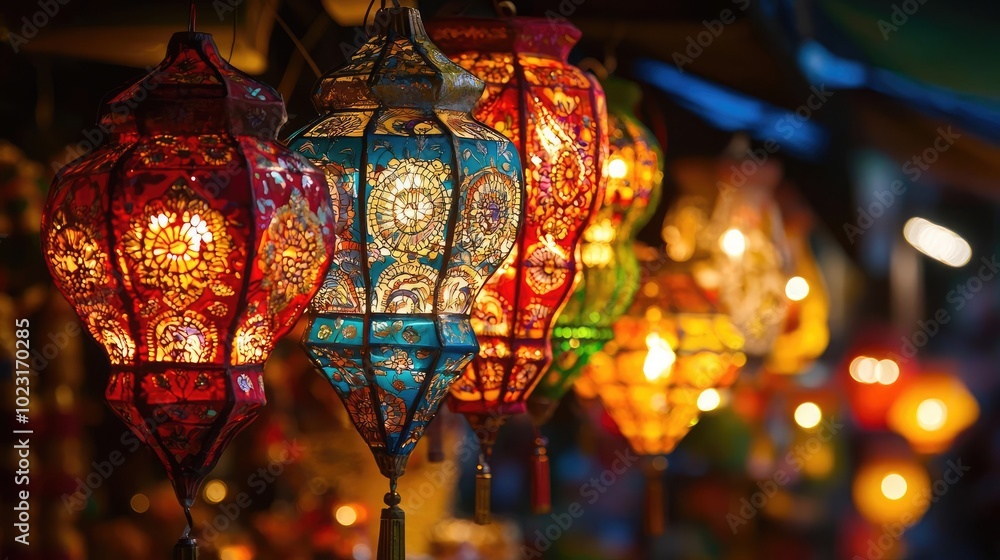 Poster colorful lanterns illuminate a vibrant marketplace, showcasing intricate designs and warm lights cre