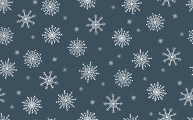 White snowflakes seamless pattern navy blue background vector illustration. Winter snowornament design for holidays decoration, banner, textile, fabric. Good for wrapping paper and packaging.