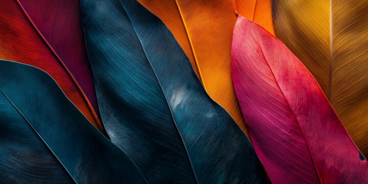Colorful feathers showcasing hues of blue, orange, and red in a vivid abstract composition.