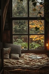Fototapeta premium A rustic bedroom window opens to a beautiful view of colorful autumn leaves, evoking warmth and nostalgia.
