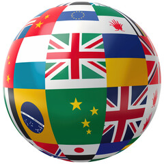 A colorful globe with flags from many countries including the United Kingdom