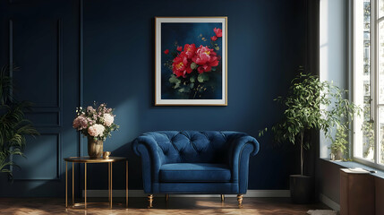 Cozy living room with floral art and elegant furnishings.
