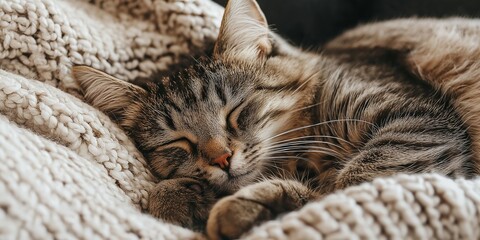 A cat peacefully sleeps on a thick knitted blanket, exuding warmth and comfort.