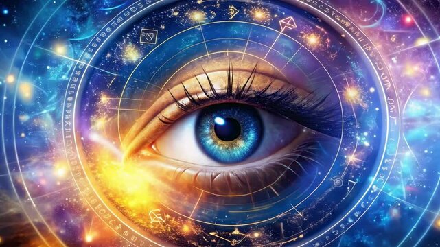 Blue Eye with Zodiac Symbols and Celestial Light - Perfect for Astrology Blogs, News Sites, and Clipart for Personalized Horoscopes and New Year Designs, on a Starry Cosmic Background