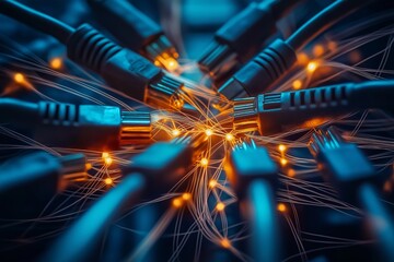 Ethernet cables radiate light, representing digital network connectivity and data transfer.