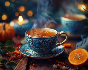 Organic Tea Tasting, vibrant colors, closeup, cozy setting, photography
