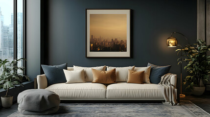 Cozy living room with a modern aesthetic and cityscape artwork.