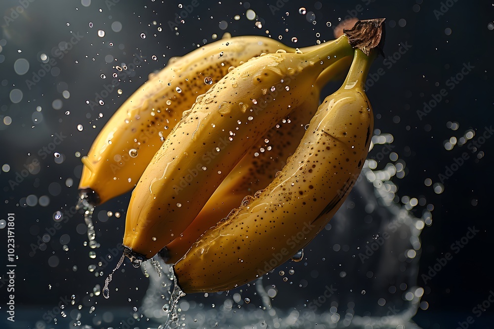 Poster fresh bananas splashing in water with dynamic motion and sparkling drops