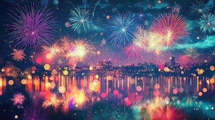 Obraz premium A dazzling display of colorful fireworks illuminating the night sky, reflected in tranquil water, creating a festive atmosphere.