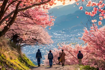 Strolling Through a Cherry Blossom Wonderland at Sunset