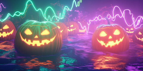 futuristic halloween jack-o’-lanterns glowing with neon light and soundwave vibes
