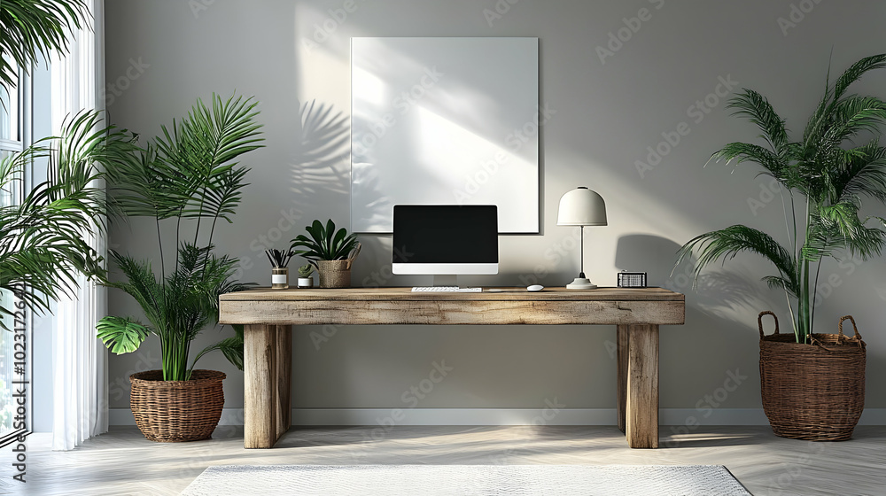 Poster modern workspace with plants and a computer in a minimalist setting.
