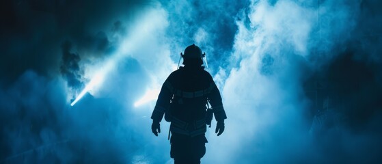 Fototapeta premium A firefighter stands firmly amidst glowing lights and dense mist, illustrating valor and readiness amid challenging environments.
