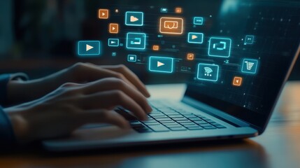 Hands Typing on Laptop with Digital Play and Shopping Icons