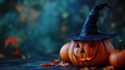 halloween themed pumpkins and witch hat on dark background