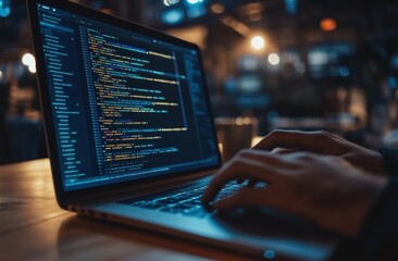 Closeup of a Programmer's Hands Typing Code on a Laptop in a Dimly Lit Setting