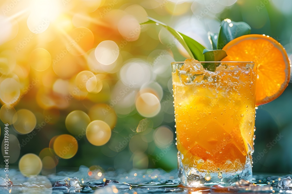 Poster refreshing citrus cocktail with sparkling bubbles in a sunlit setting