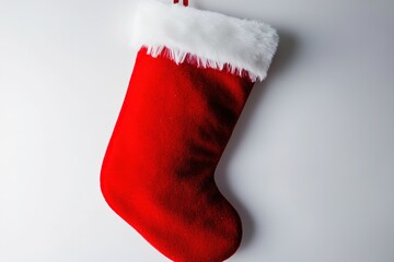 Red Christmas stocking on white background.