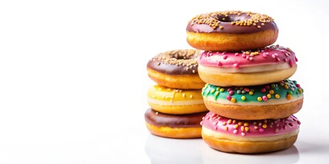 A stack of colorful doughnuts on a white background, stack, doughnuts, sweet, dessert, sugary, delicious, treat, snack